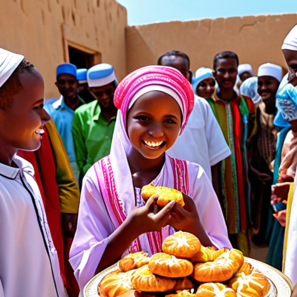 A vibrant Eid al-Fitr celebration in Somalia, with children in colorful traditional clothing, receiving gifts and sweets, radiating joy and happiness.