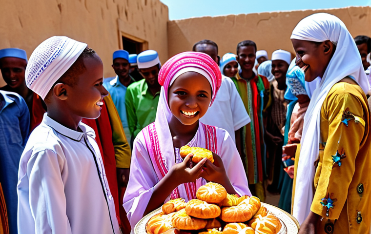 A vibrant Eid al-Fitr celebration in Somalia, with children in colorful traditional clothing, receiving gifts and sweets, radiating joy and happiness.