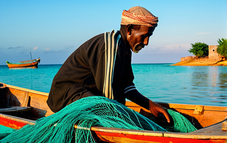 **

"A weathered Somali fisherman in fully clothed, modest attire, mending his nets on a simple wooden boat at sunrise, the calm turquoise water reflecting the vibrant sky, fishing village in the distant background, perfect anatomy, correct proportions, natural pose, well-formed hands, proper finger count, natural body proportions, high-resolution, professional photography, safe for work, appropriate content, family-friendly, professional."

**